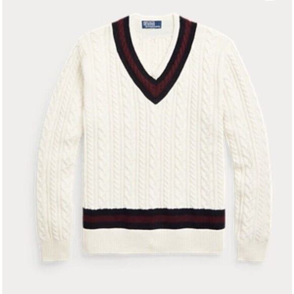 Polo Ralph Lauren P Wing Cable Knit Wool V-Neck Varsity Sweater Men's Size M NWT